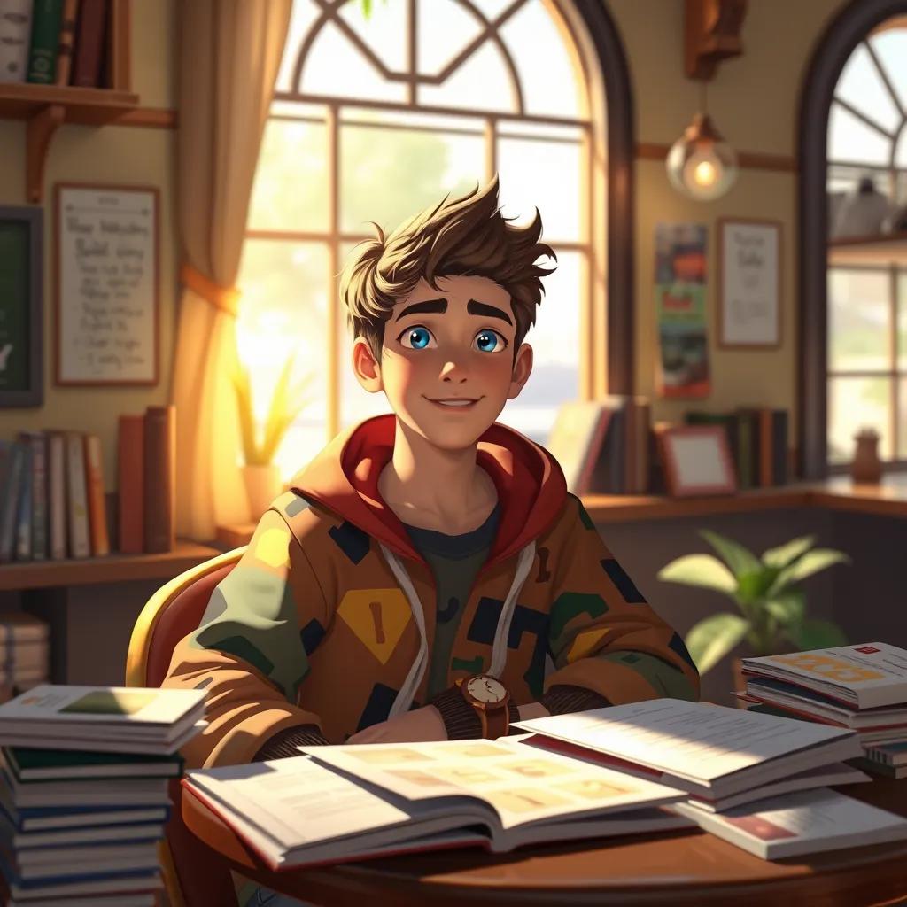 A creative young man, معرب, with short brown hair and blue eyes, wearing colorful clothes, sitting in a cozy café with books and papers around him, warm light, inviting atmosphere, digital art, cheerful, detailed, friendly