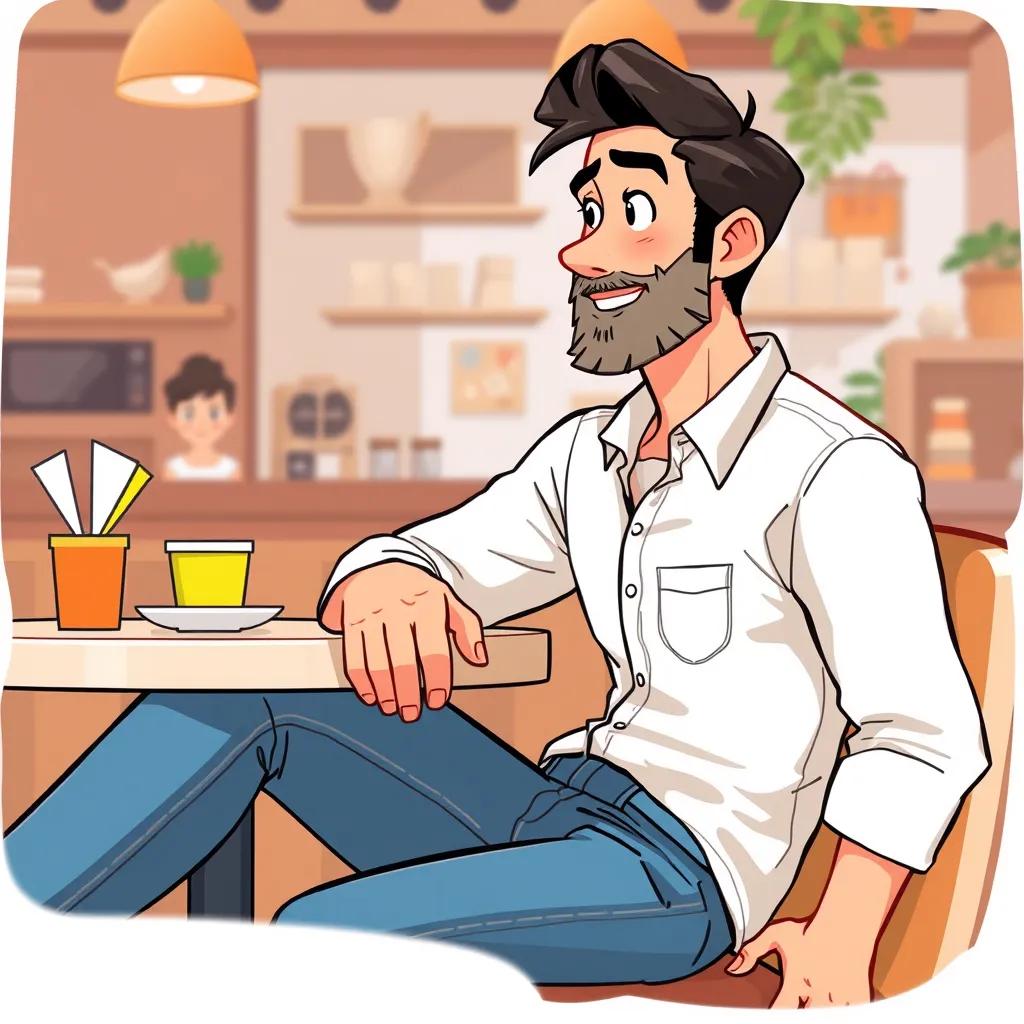 A simple confident man, مبني, in jeans and white shirt, with light beard and black hair, sitting in the same café, looking curious at the creative man, friendly smile, warm colors, child-friendly, illustration