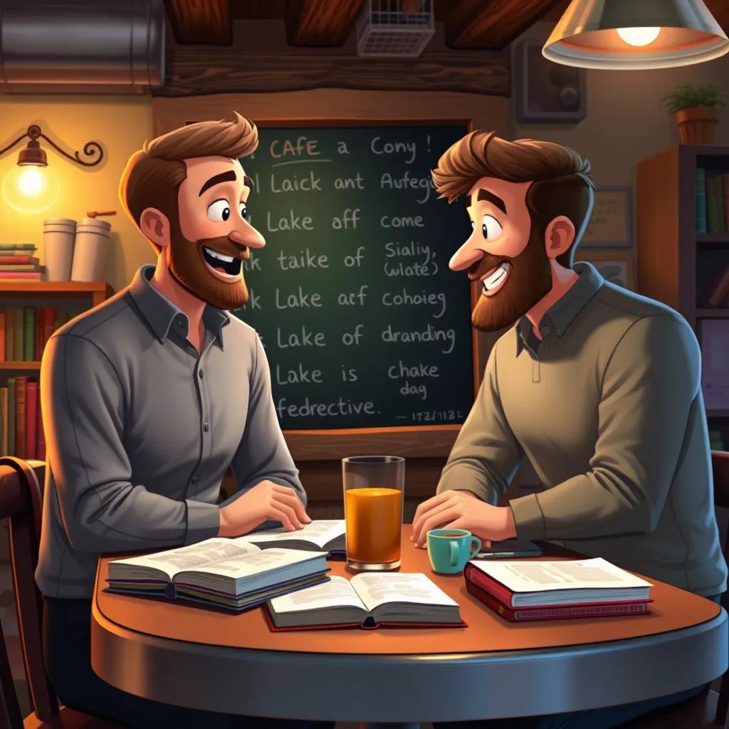 A cozy café scene in a small town, with two men discussing with enthusiasm, warm lighting, books scattered on the table, a chalkboard with written words behind them, digital art, vibrant, engaging scene