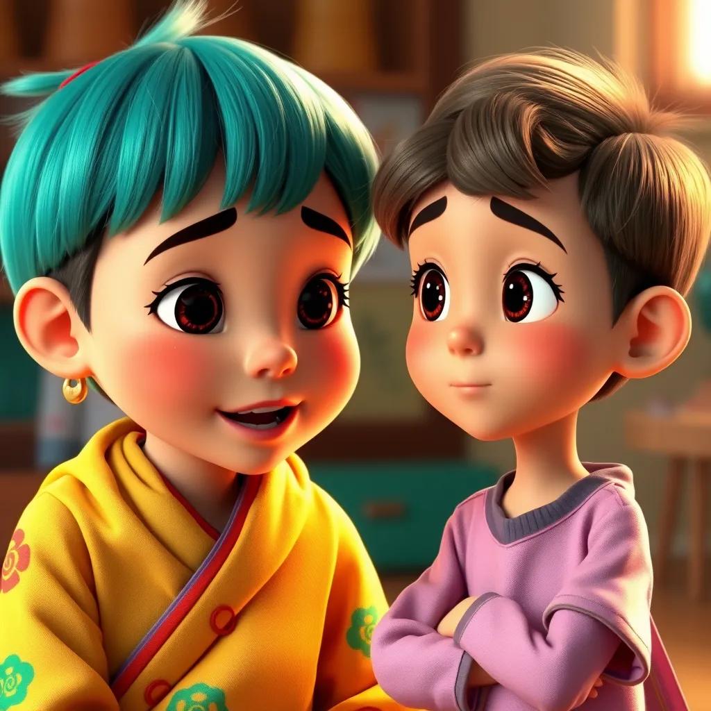 A close-up of the two characters, معرب with colorful attire explaining a beautiful sentence and مبني in simple clothing listening intently, bright colors, warm light, detailed expressions, child-friendly