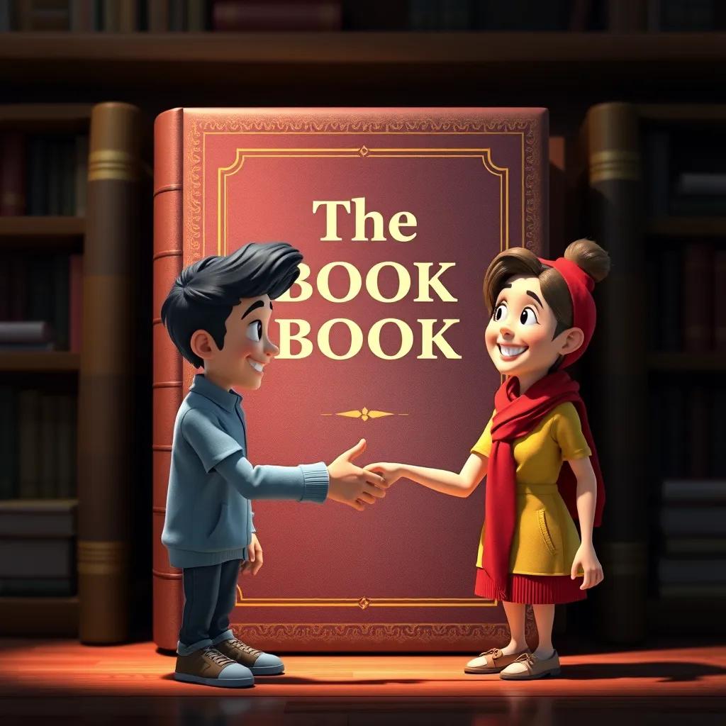 The two characters shaking hands, smiling, in front of a large book titled 