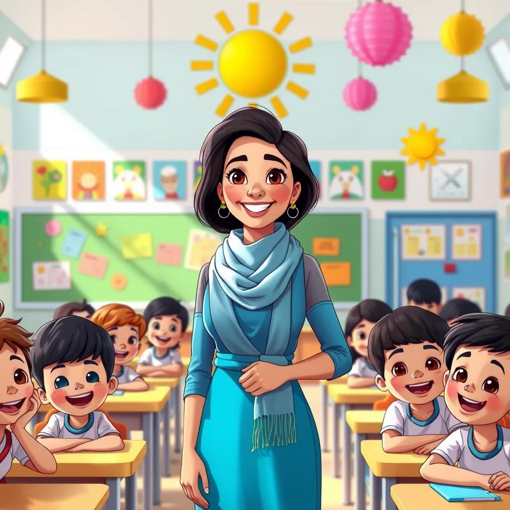 A sunny school classroom with colorful decorations, Fátima, an Arab woman in her thirties, wearing a stylish blue dress with a scarf, smiling at her joyful students, illustration, bright colors, warm light, inviting atmosphere, high quality