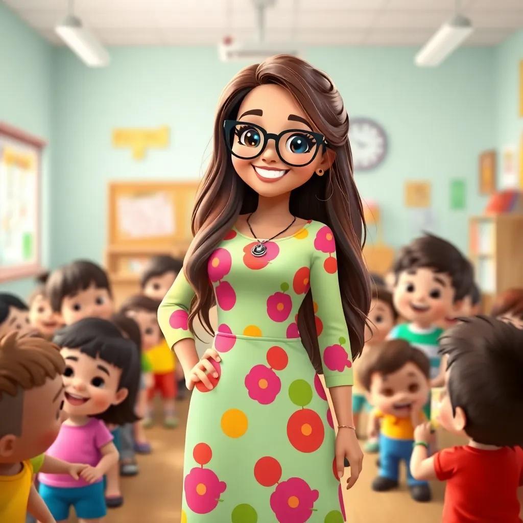 A cheerful teacher, Abir, with long hair and glasses, wearing a colorful dress, standing in a classroom surrounded by eager preschool children, vibrant colors, bright light, child-friendly setting, high quality