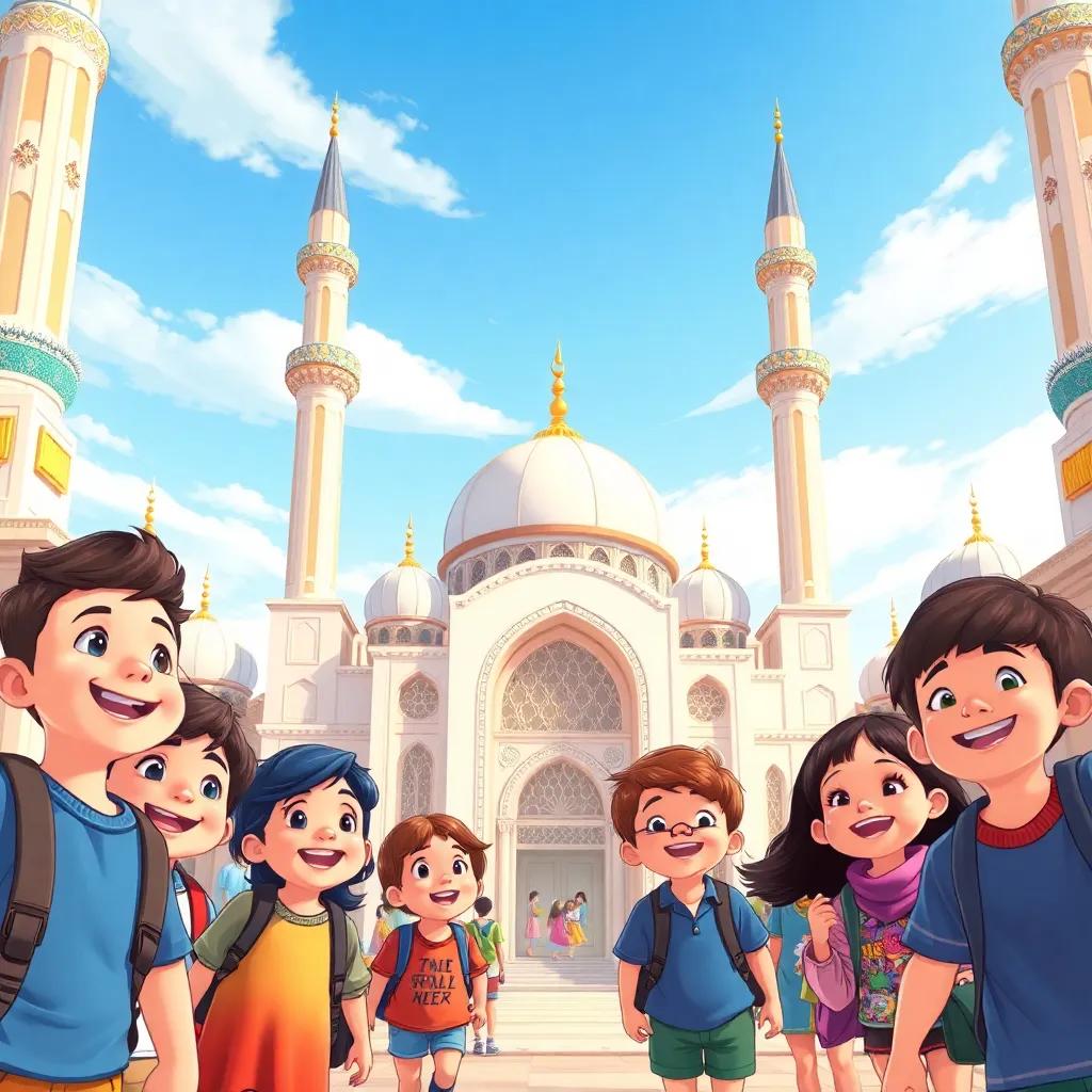 An exciting scene of children visiting a beautiful mosque, with high domes and colorful decorations, under a blue sky, joyful expressions on their faces, illustration, warm colors, friendly atmosphere, high quality
