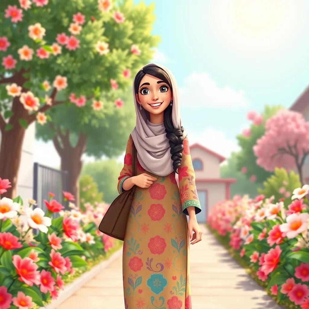 A happy teacher named Layla, a Middle Eastern woman in her 30s with long, dark hair wearing a colorful abaya, walking to school under a bright sun carrying a bag, surrounded by blooming flowers, vibrant colors, cheerful atmosphere, high quality
