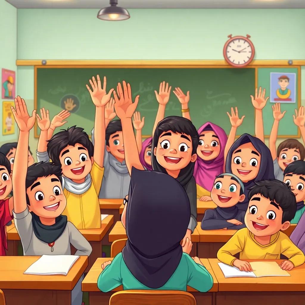 A lively classroom with children raising their hands, a mix of Middle Eastern boys and girls aged 9, some wearing casual clothes and some hijabs, smiling and excited as they learn, a warm and inviting environment, detailed illustration, colorful
