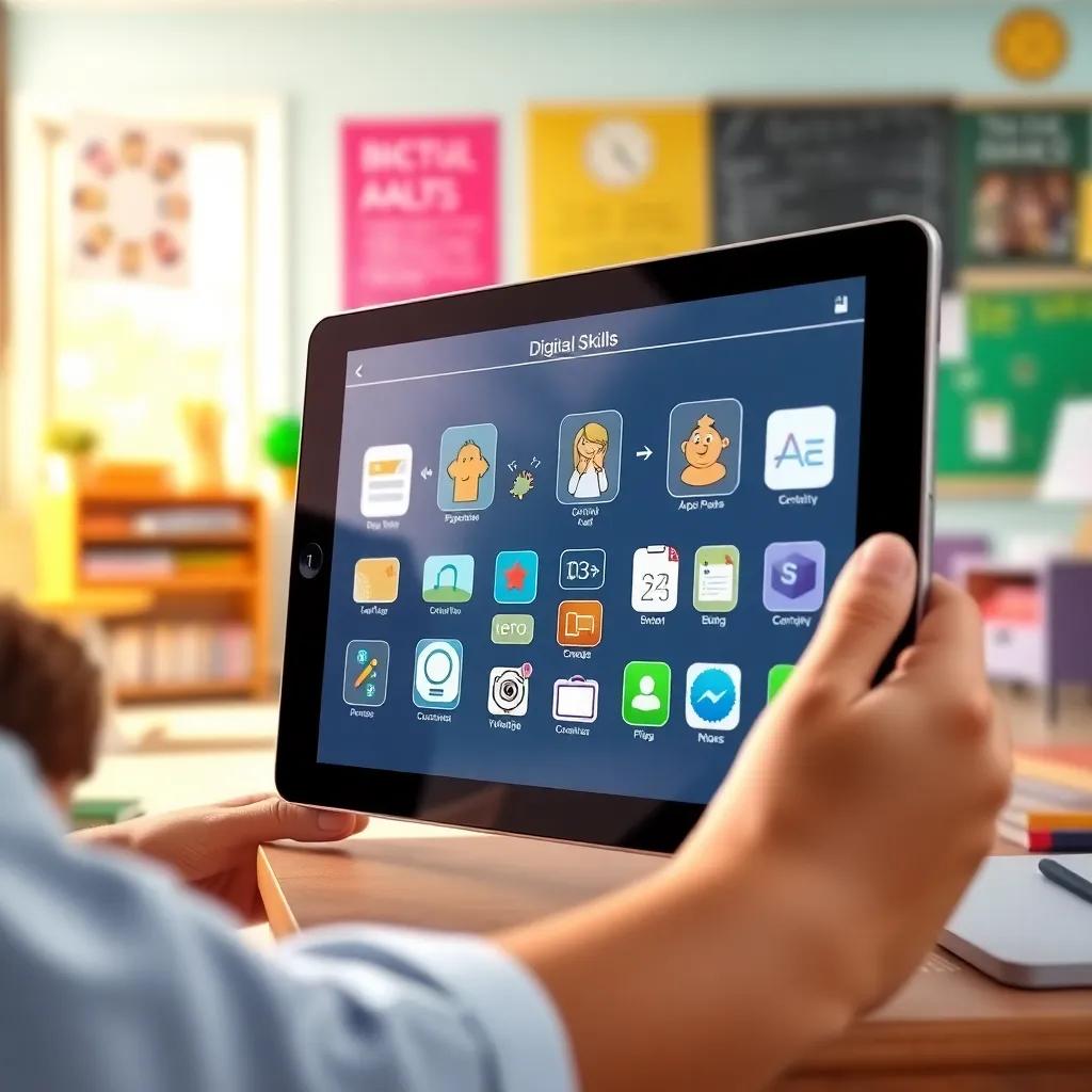 A close-up of the tablet screen showing various digital skills and apps, with a colorful classroom background, highlighting creativity and learning, cheerful illustration, bright tones, detailed perspective, high quality.