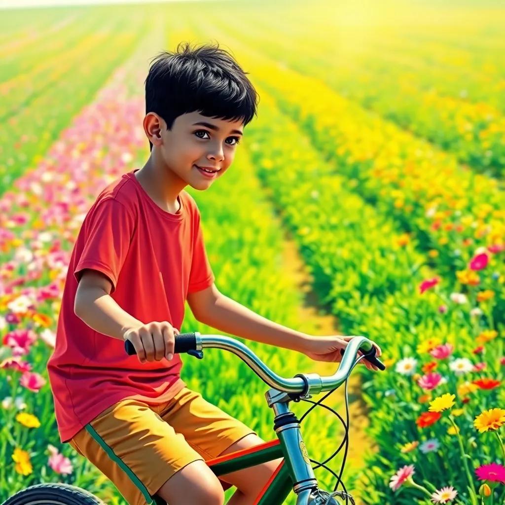 A young Arab boy, Ahmed, with short black hair, wearing a bright t-shirt and shorts, riding a bicycle through green fields filled with colorful flowers, bright sunlight, cheerful atmosphere, digital art, vibrant colors, high quality
