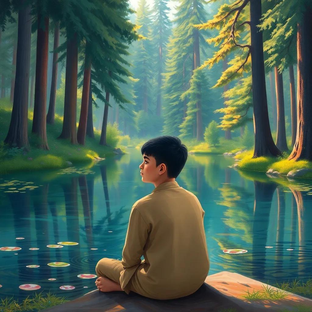 A young Arab boy, Ahmed, with short black hair, sitting by a clear lake in a beautiful forest, surrounded by tall trees and greenery, peaceful scene, soft lighting, colorful reflections in the water, enchanting illustration