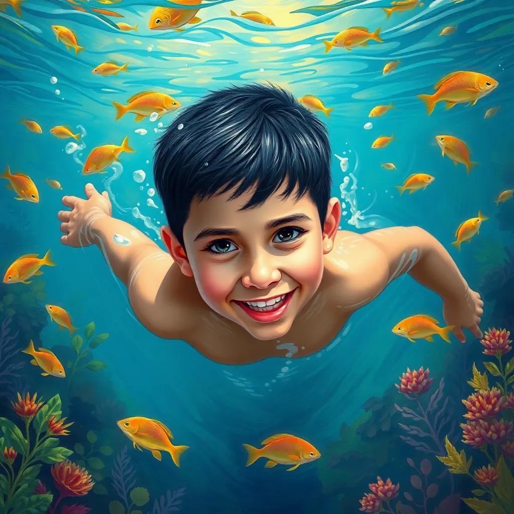 A young Arab boy, Ahmed, with short black hair, swimming in a clear lake surrounded by shimmering fish and vibrant underwater plants, fun and lively, bright colors, refreshing atmosphere, digital painting, high quality