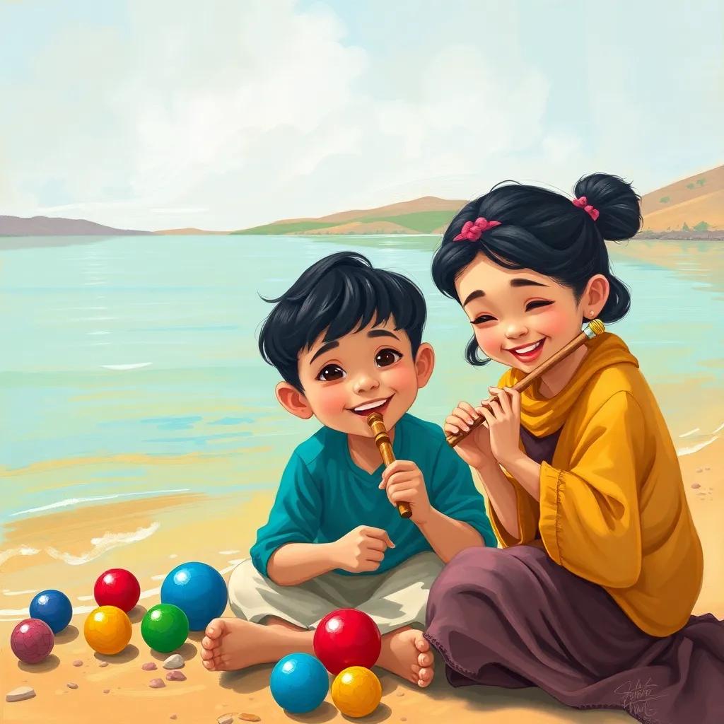 A young Arab boy, Ahmed, with short black hair, playing with friends Ayah and Rida on the shore of a lake with colored balls and a flute, cheerful scene, happy expressions, soft sunlight, vivid illustration