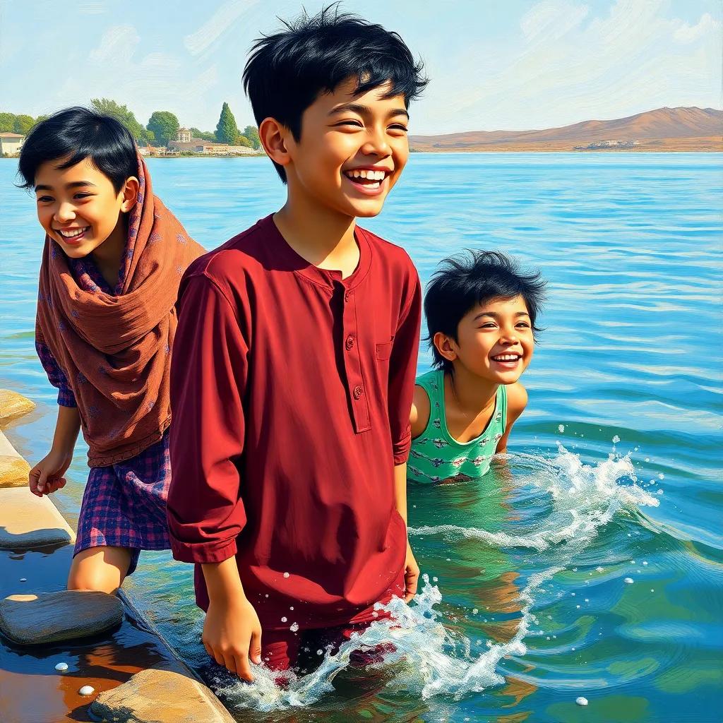 A young Arab boy, Ahmed, with short black hair and his friends Ayah and Rida, laughing by the lake, splashing water and having fun, joyous scene, energetic colors, bright and lively