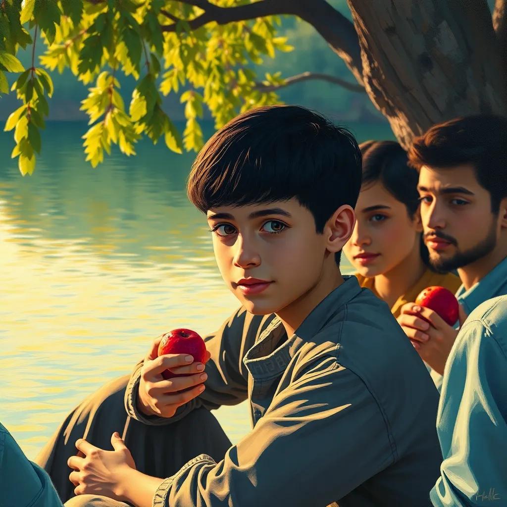 A young Arab boy, Ahmed, with short black hair, sitting by the lake with his friends, eating fruit and sharing stories, cozy atmosphere, warm sunlight, detailed art