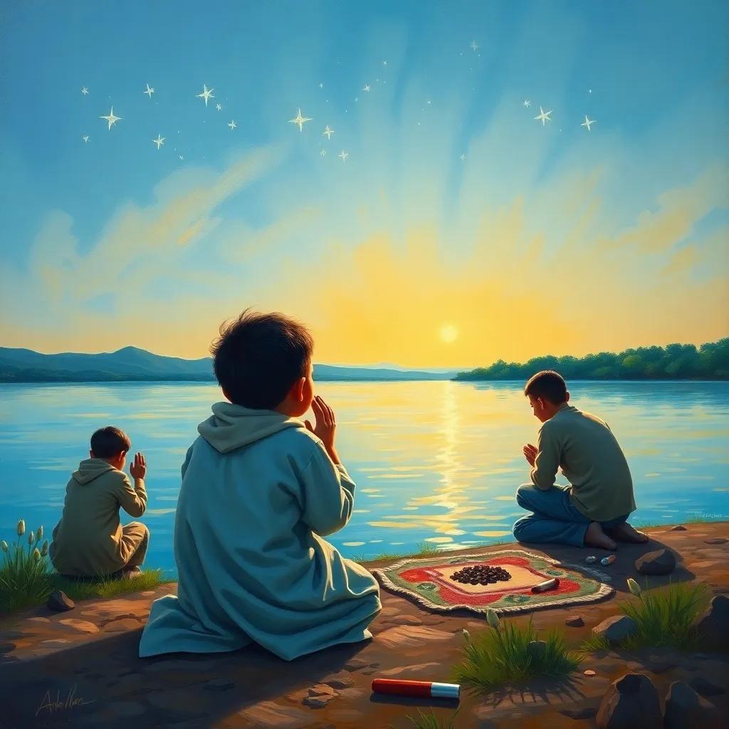 A young Arab boy, Ahmed, with short black hair and his friends, kneeling in gratitude by the lake, surrounded by nature, peaceful and serene, soft light, calming colors, heartwarming scene
