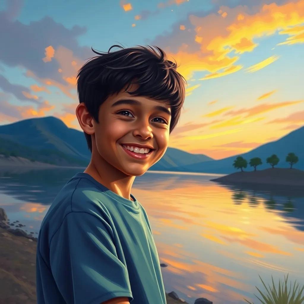 A young Arab boy, Ahmed, with short black hair, smiling and saying thank you to nature next to the lake, joyful and respectful, vibrant evening light, beautiful scenery, inspiring digital art
