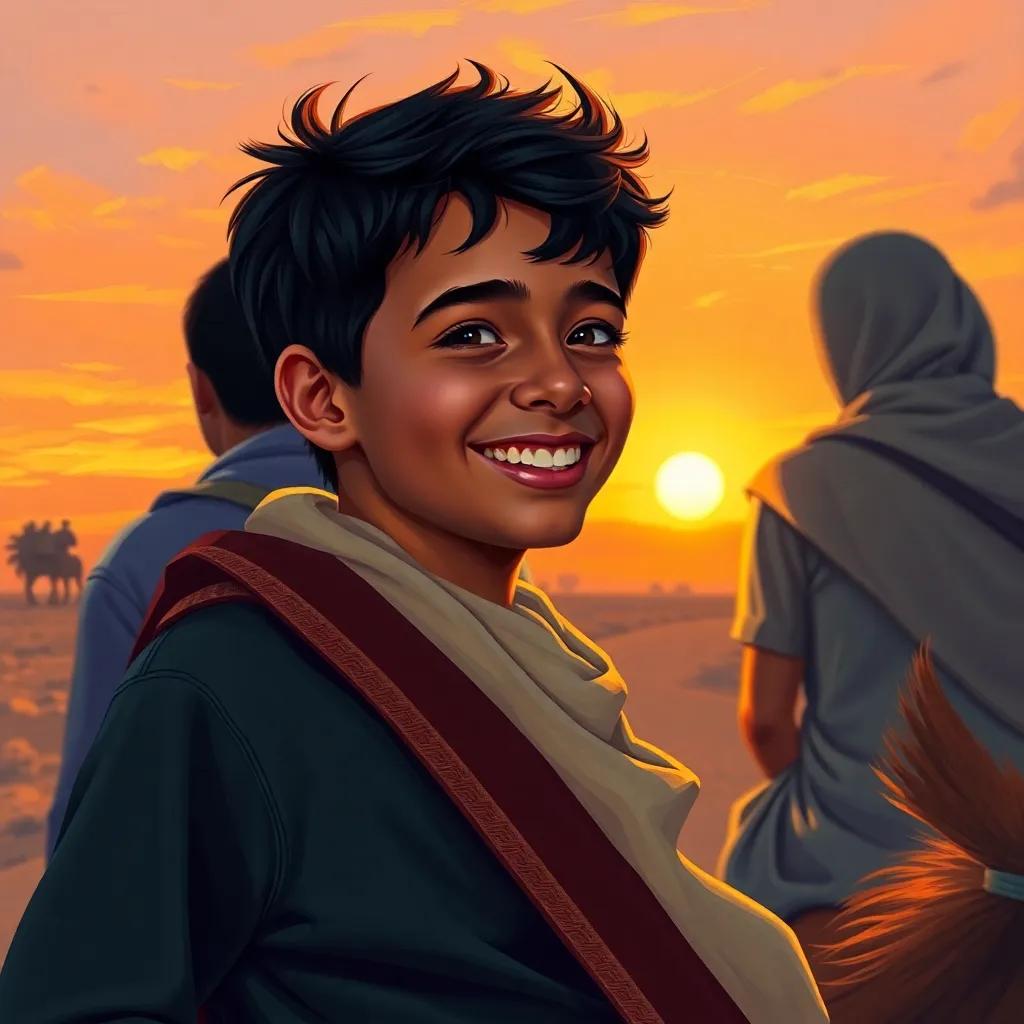 A young Arab boy, Ahmed, with short black hair, riding back home with his friends at sunset, excited and happy, warm colors, glowing sky, digital painting, high quality