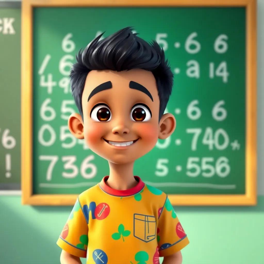 A cheerful boy named Ahmed, with short black hair, wearing a colorful shirt, standing beside a chalkboard filled with numbers, smiling, bright classroom setting, digital art, vibrant colors, friendly atmosphere
