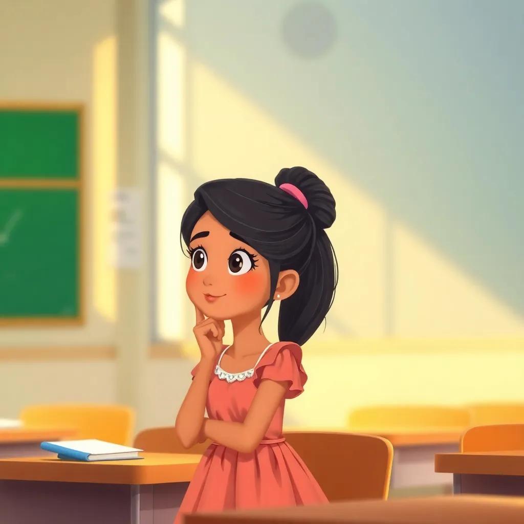 Fatima, a clever girl, with long black hair tied in a ponytail, wearing a lovely dress, thinking hard with thoughtful expression in a bright classroom, joyful vibe, digital illustration, warm light, engaging scene