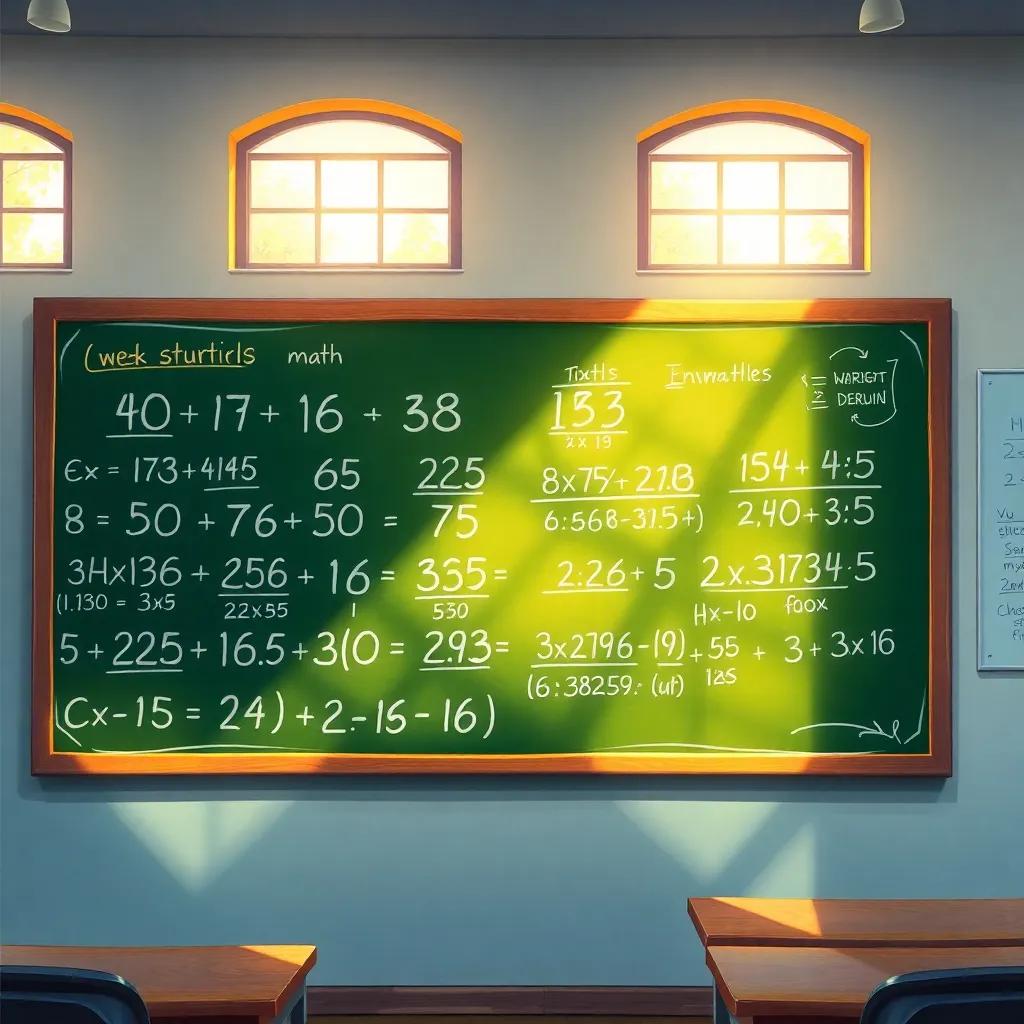 A colorful chalkboard with numbers and math equations, glowing under sunlight streaming in through the windows, bright classroom environment, detailed drawing, inviting colors, educational purpose