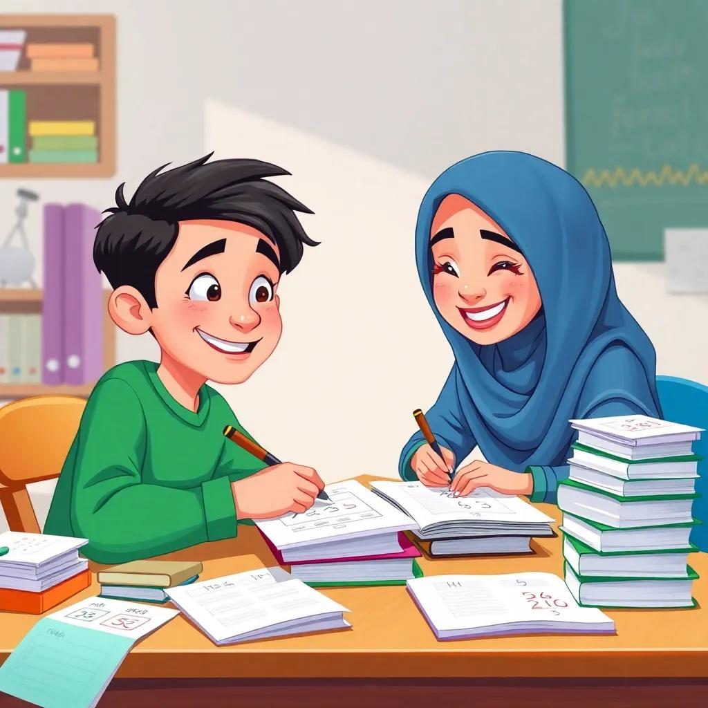 Ahmed and Fatima working together at a desk, surrounded by papers and math books, writing numbers and smiling at each other, a fun study atmosphere, colorful, lively, high quality