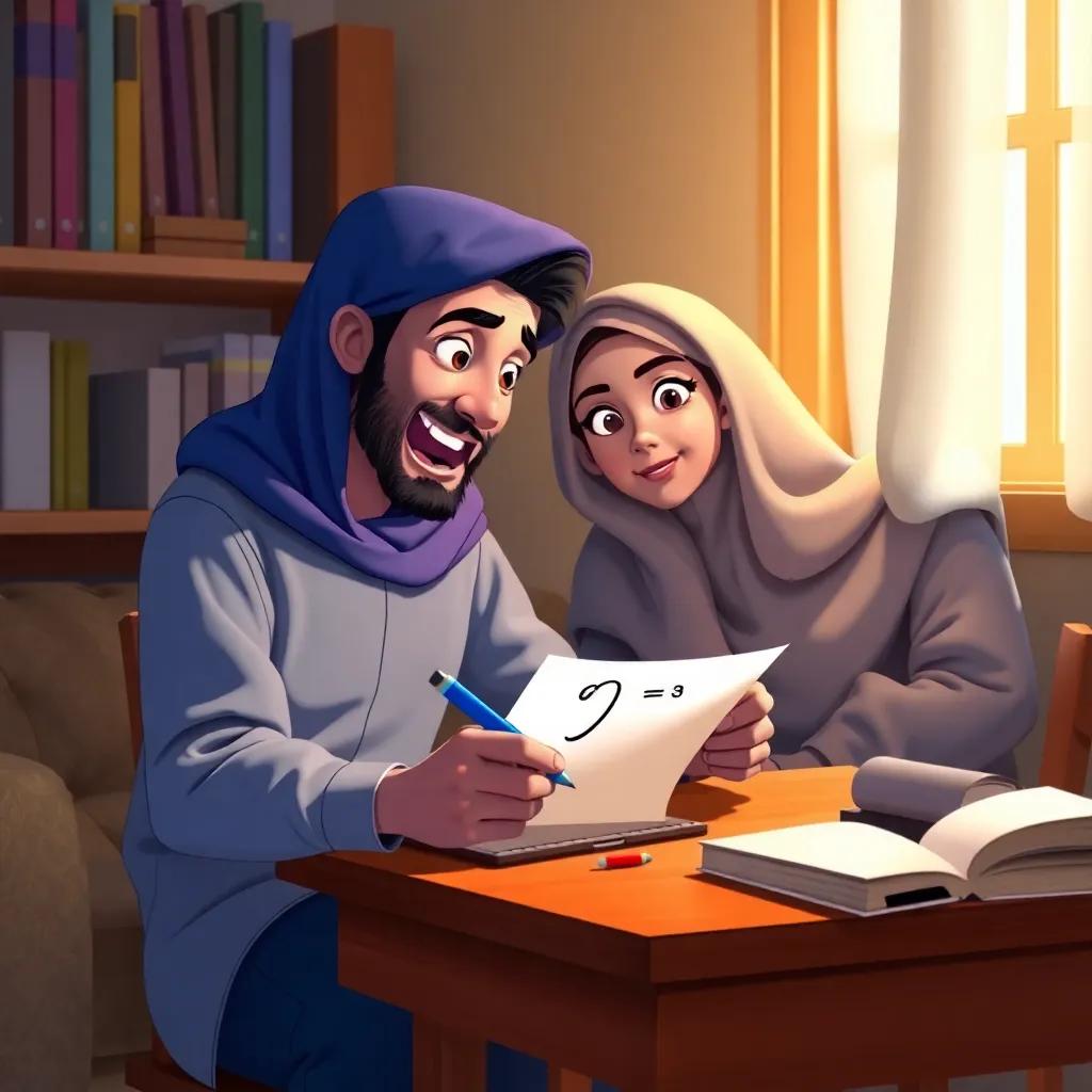 Ahmed excitedly drawing an equation with the number 9 on a piece of paper, Fatima looking on with anticipation, in a cozy study corner, warm light, detailed vibrant colors, friendly setting