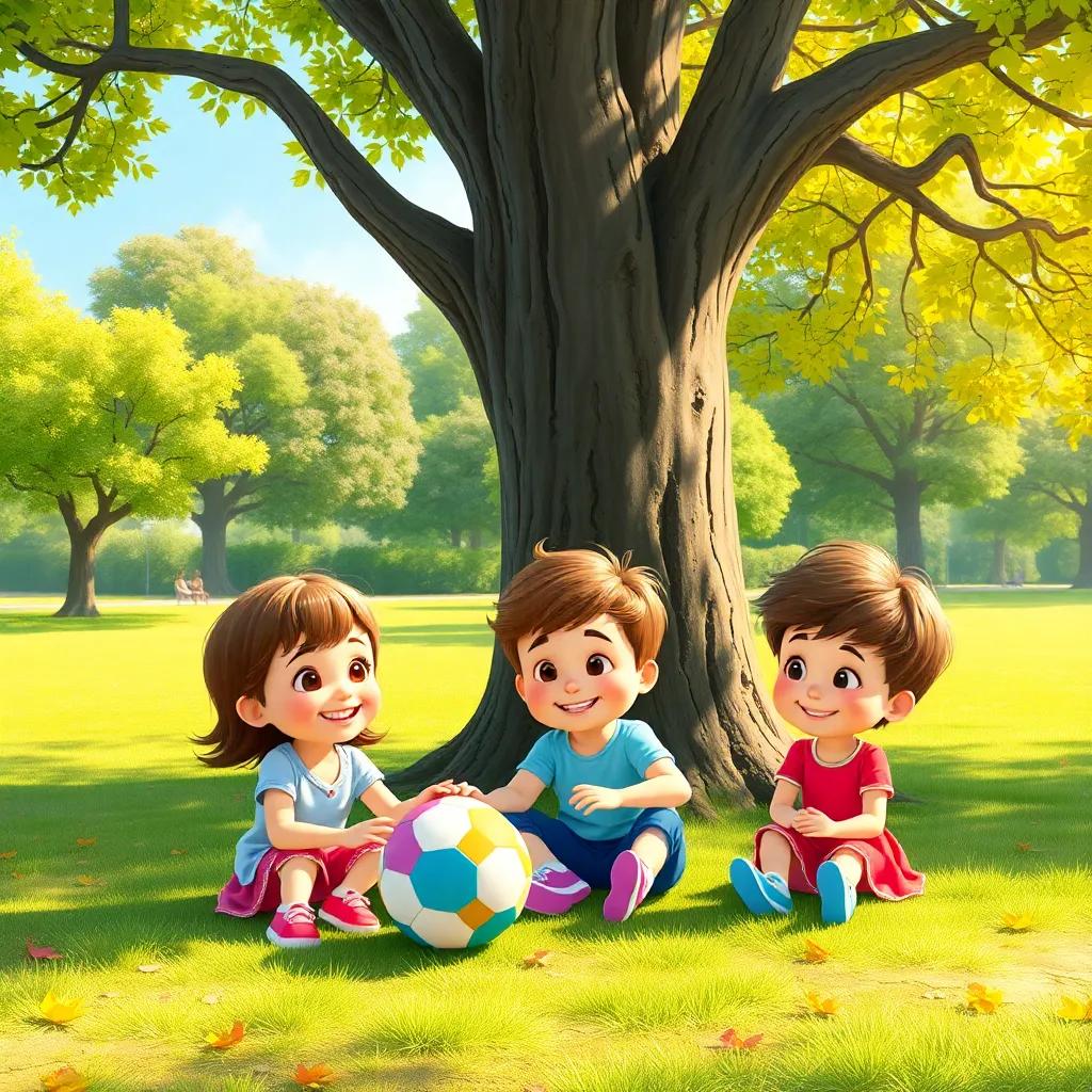 Three children playing in a sunny park, smiling and having fun with a ball, their mother sitting next to a big tree watching them happily, bright and colorful, cheerful atmosphere, high quality