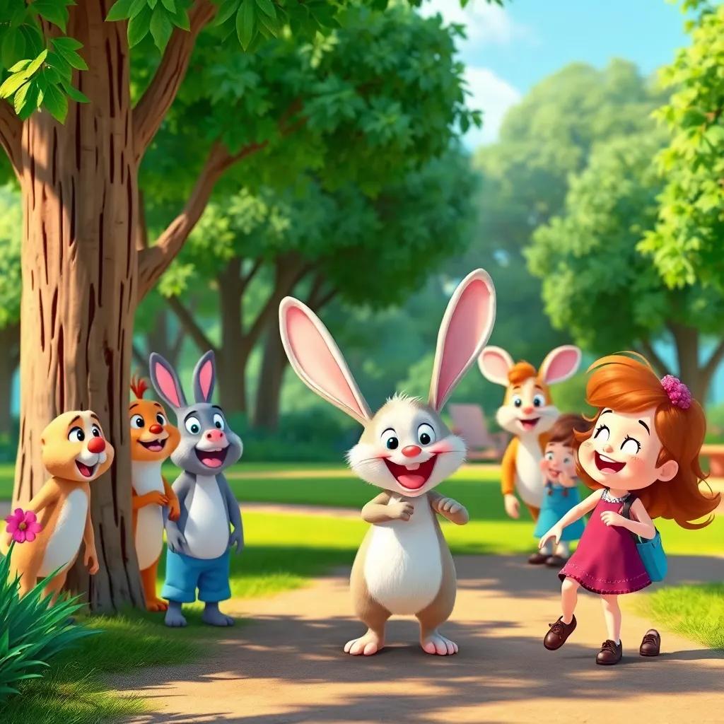 Funny animals, including a rabbit with long ears, coming out from behind the trees in a lively park, children laughing and approaching them, vibrant colors, playful scene, high quality