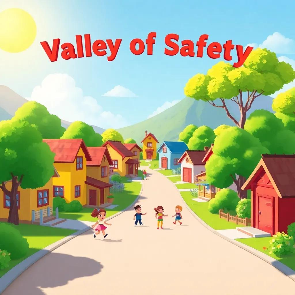 A small village named "Valley of Safety", with colorful houses, trees, and happy children playing, sunny atmosphere, bright colors, cheerful view, child-friendly