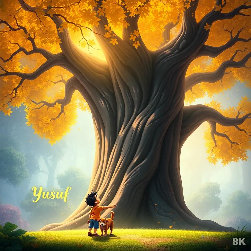 A giant tree with golden leaves sparkling in the sunlight, with a small boy named "Yusuf" and his dog "Basel" looking amazed, magical forest background, vibrant colors, enchanting atmosphere, whimsical style