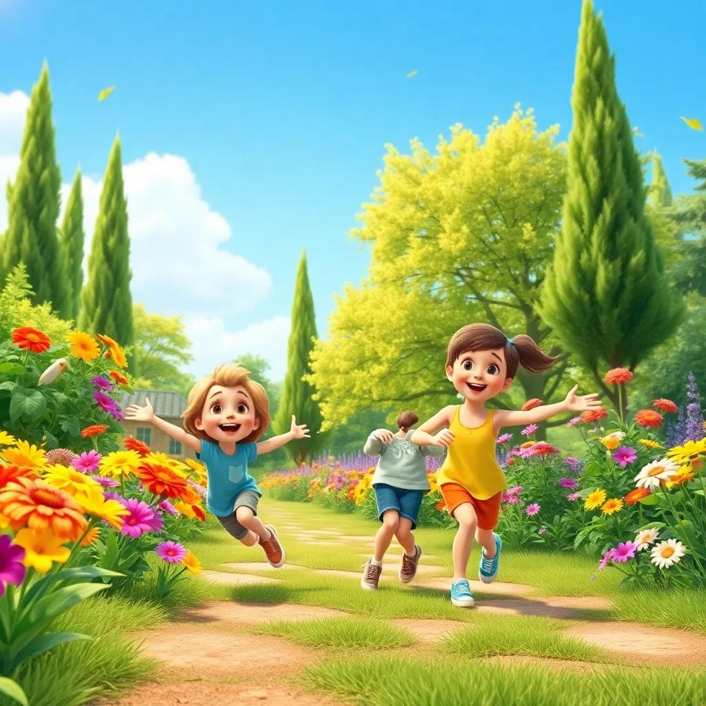 A sunny and beautiful garden with colorful flowers and tall trees, showing two children playing joyfully, wearing casual summer clothes, happy expressions, vibrant colors, digital art, cheerful atmosphere, high quality