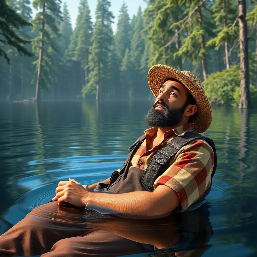 A man named Saeed, a middle-aged Arab lumberjack, wearing rugged work clothes and a straw hat, accidentally falling into a deep lake surrounded by trees, digital art, realistic style, urgent atmosphere, vibrant colors, high quality
