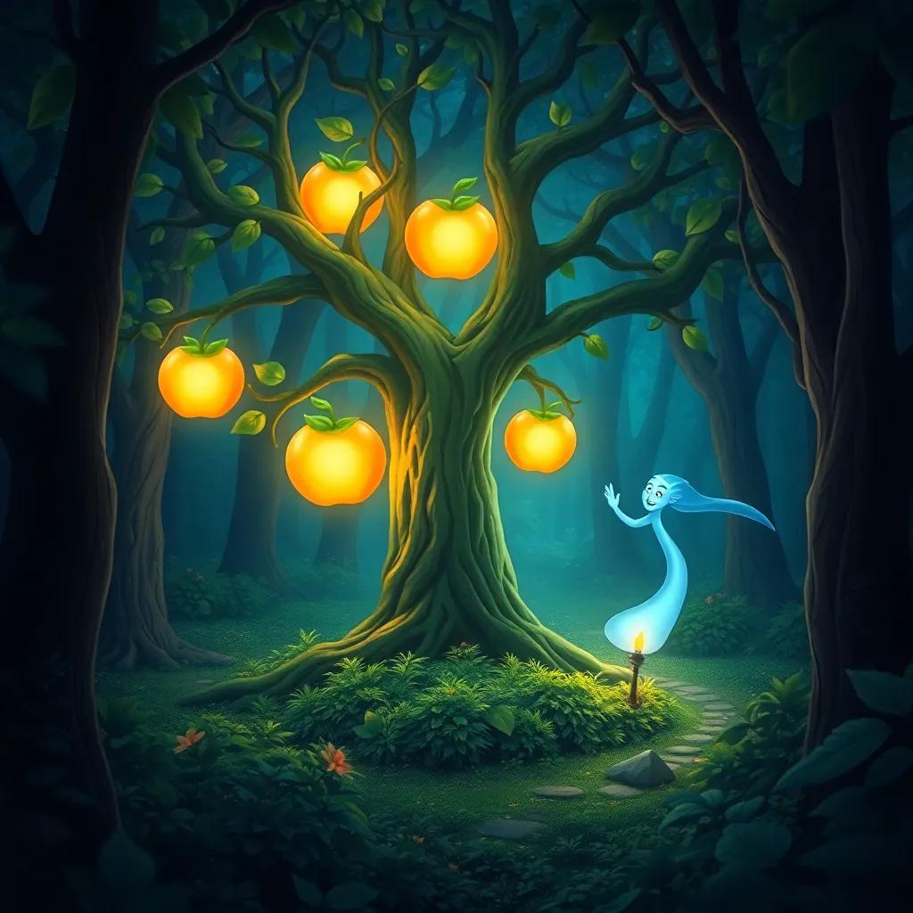 A magical tree with three glowing apples and a mysterious genie hovering nearby, glowing softly, deep in a dense magical forest, illustration, bright and fantastic, enchanting colors, child-friendly, highly detailed