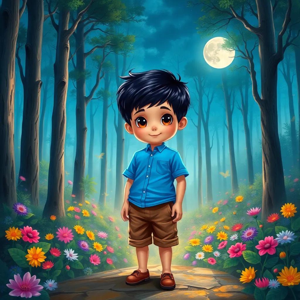 A small boy, Sami, with short black hair, wearing a bright blue shirt and brown shorts, standing at the edge of a magical forest filled with tall trees and colorful flowers, under a full moon, digital art, enchanting atmosphere, vibrant colors, child-friendly, high quality