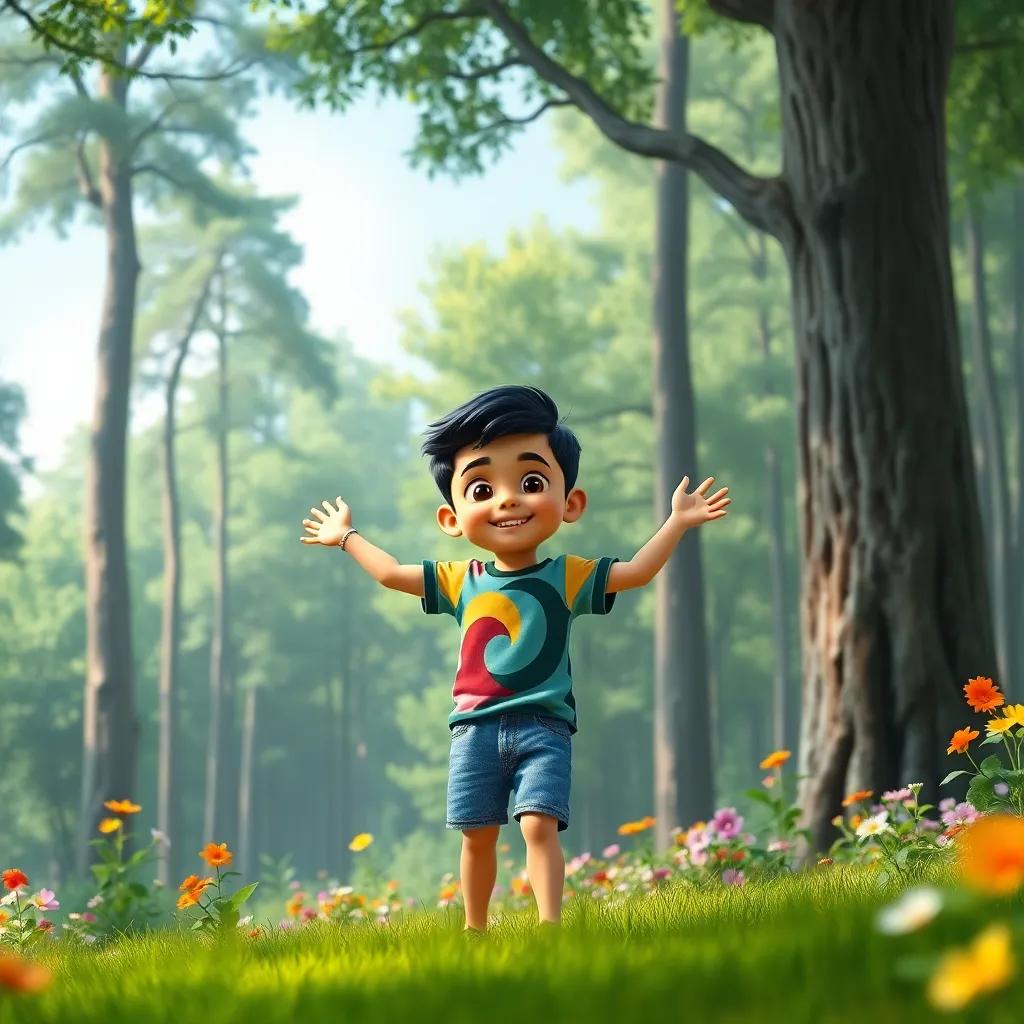 A young Arab boy, Sami, with short black hair wearing a colorful t-shirt and denim shorts, standing excitedly at the edge of a green forest with tall trees and colorful flowers, digital art, bright colors, cheerful atmosphere, high quality