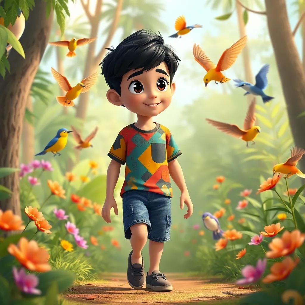 Sami, a young Arab boy with short black hair in a colorful t-shirt and denim shorts, walking through the forest, surrounded by singing birds and vibrant flora, illustration, lively, adventure-themed, child-friendly