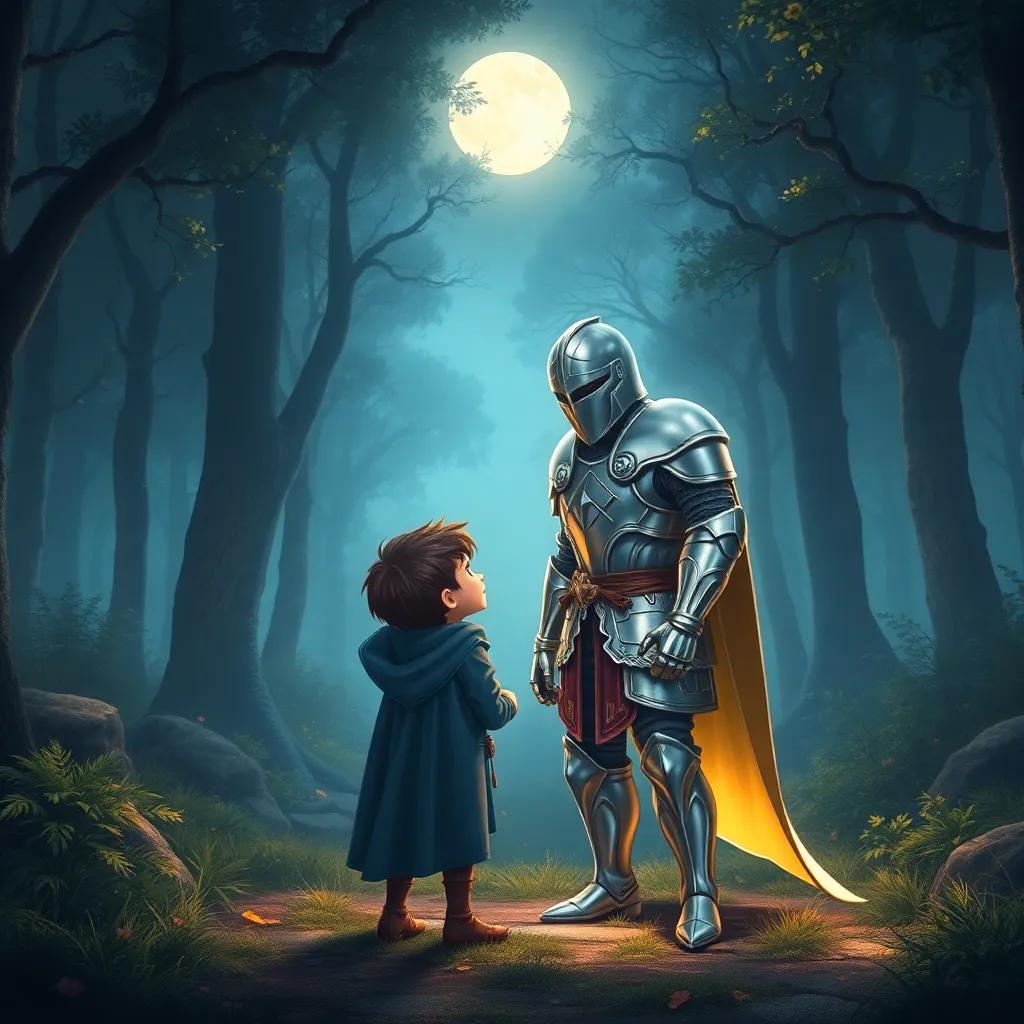 Sami meeting his hero, a moon knight with shining armor and a cape, in a magical forest clearing, illuminated by soft moonlight, digital painting, enchanting, fantasy, high detail