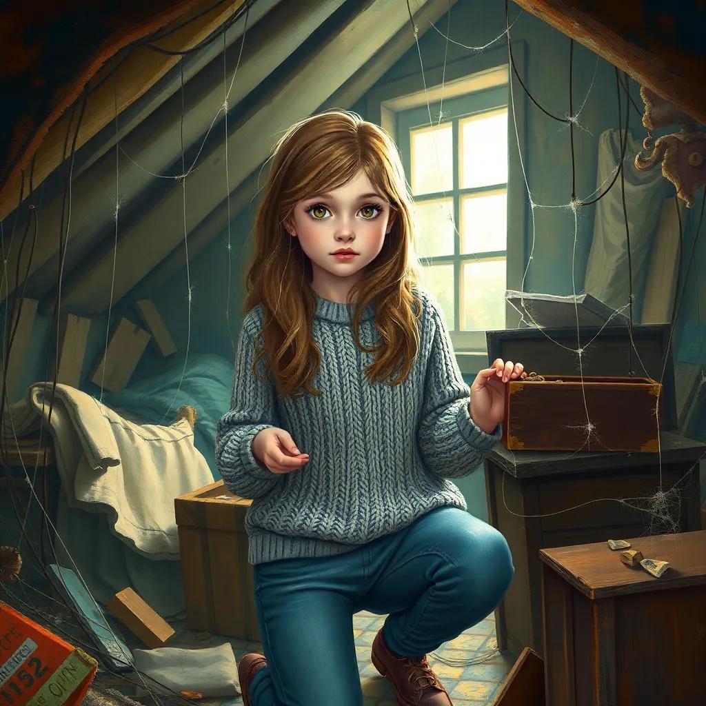 A twelve-year-old girl, Mya, with long, wavy hair wearing a cozy sweater and jeans, cleaning a dusty attic full of cobwebs, discovering a small wooden box, soft light filtering through a window, warm colors, enchanting and mysterious atmosphere, digital art, highly detailed
