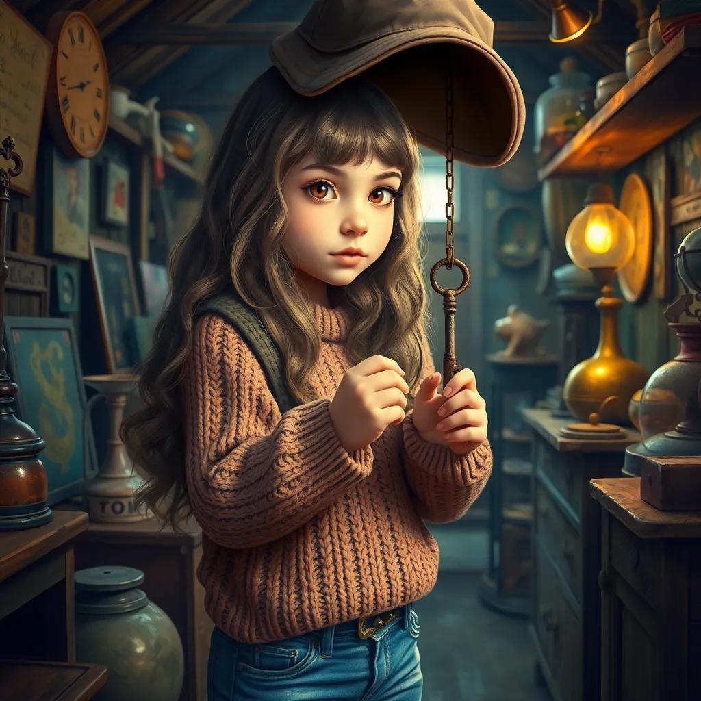 Mya, a twelve-year-old girl with long, wavy hair in a cozy sweater and jeans, uncovering a rusty key hanging from an old hat in the attic, surrounded by vintage objects, curious expression, bright lighting, inviting atmosphere, digital art, vibrant colors
