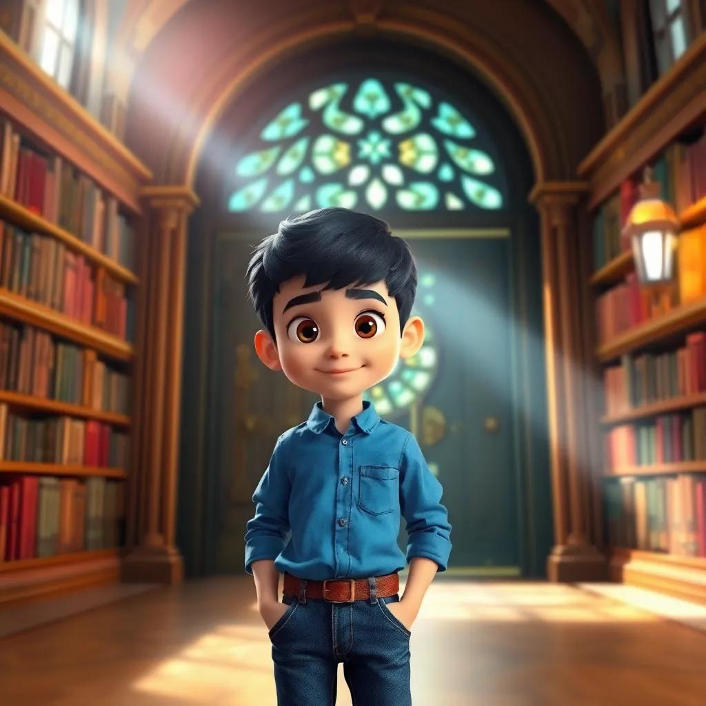 Sami, a young Arab boy, with short black hair, wearing a blue shirt and jeans, standing in front of a grand library with a magical door, bright sunlight, whimsical, colorful, fantasy, detailed digital art