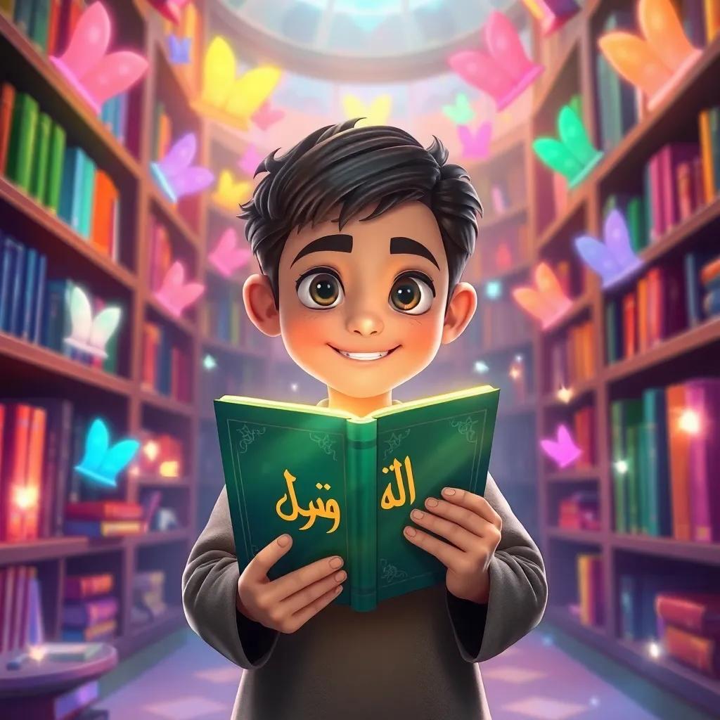 Sami, a young Arab boy, holding a shining book titled 'قصص حية', surrounded by floating colorful books that glow and sparkle, inside the magical library, vibrant, enchanting atmosphere, illustration