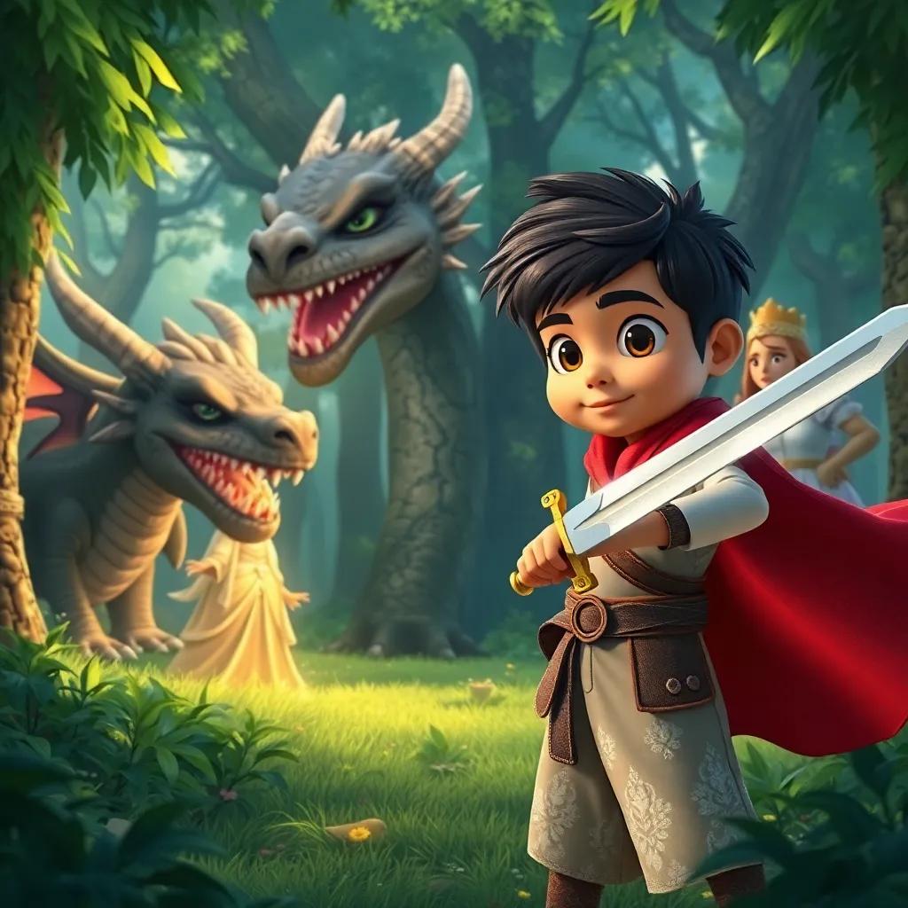 Sami, a young Arab boy, transforming into a brave hero with a sword, facing a friendly dragon and a beautiful princess in a lush green forest, fantasy scene, adventure-themed, high quality