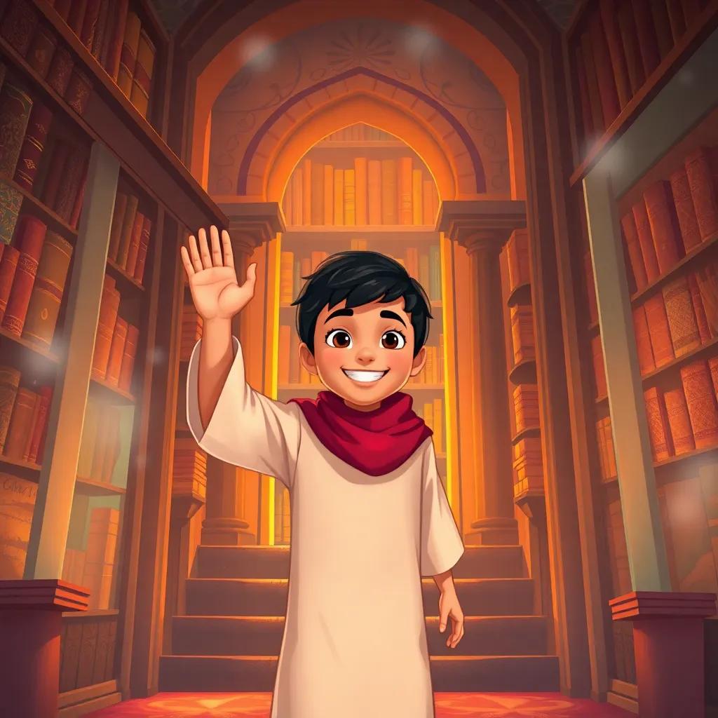 Sami, a young Arab boy, waving goodbye to the magical library, with a smile as he steps back into the real world, warm colors, nostalgic feel, digital painting
