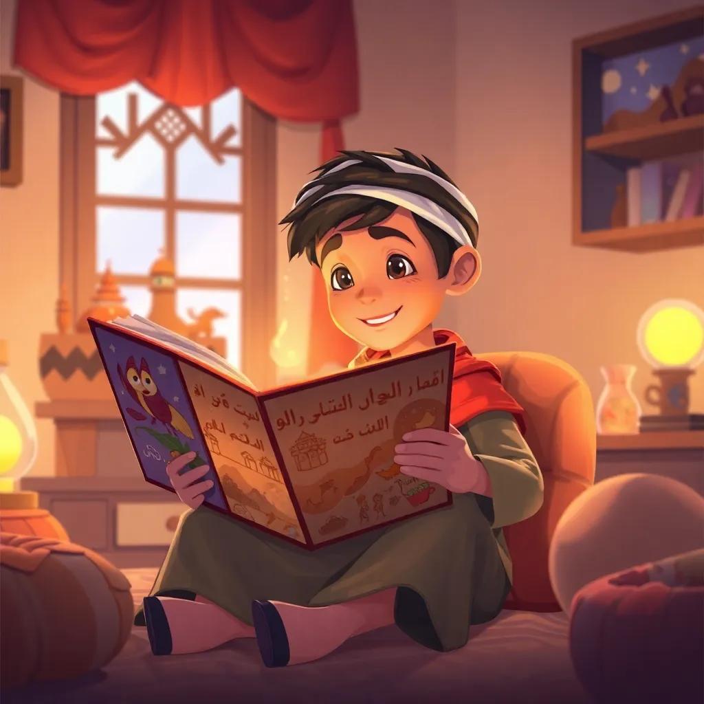 Sami, a young Arab boy, sitting at home, reviewing his magical adventures in a scrapbook, cozy room, soft lighting, happy atmosphere, charming illustration
