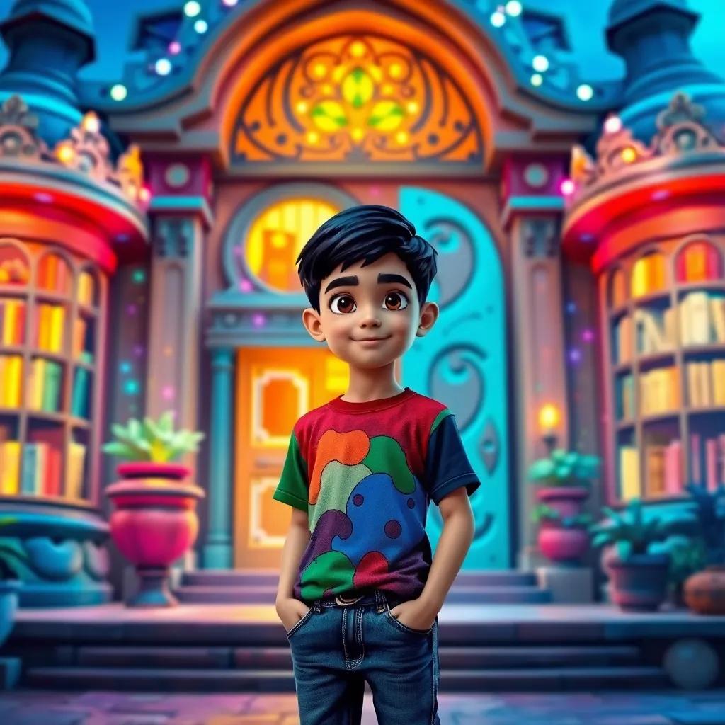 A child named Sami, a young Arab boy with short black hair wearing a colorful t-shirt and jeans, standing outside a magical library that glows with colorful lights, fantasy scene, vibrant colors, enchanting atmosphere, daytime, high quality