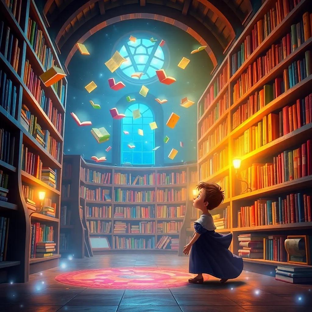 Inside the magical library, colorful books flying and glowing around Sami, who looks amazed, whimsical style, warm light, rich colors, captivating view, high quality