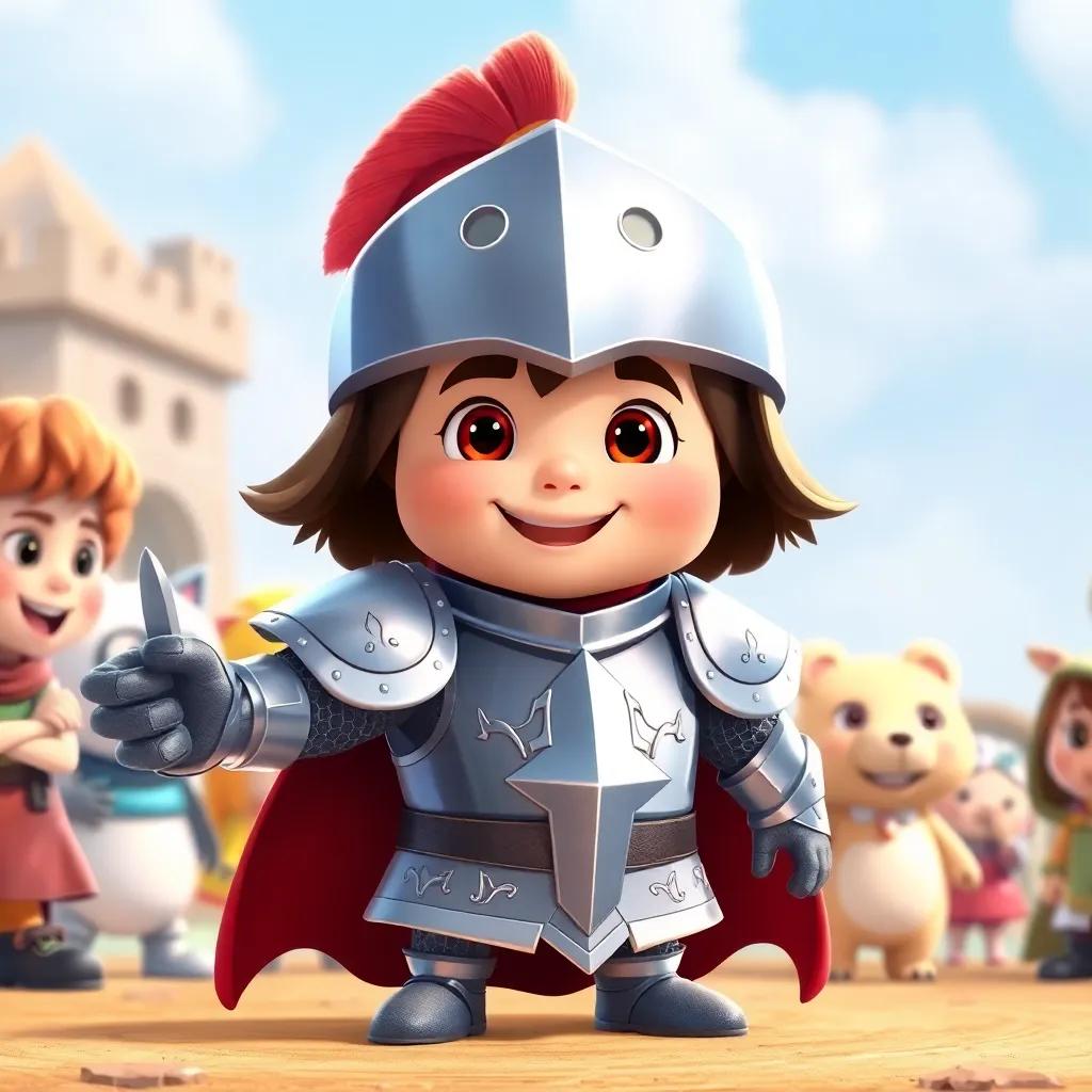 A brave knight character from a story asking for help, illustrated with a shining armor and friendly expression, surrounded by other characters, cheerful atmosphere, child-friendly style, high quality
