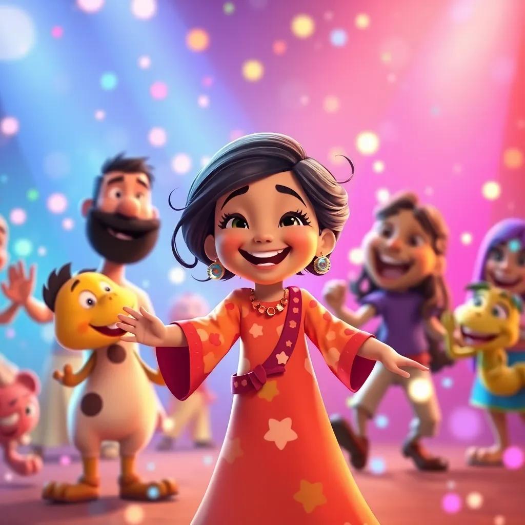 Sami helping the characters of the stories dance happily, colorful swirling lights and laughter around, joyous moment, playful style, bright colors, high quality