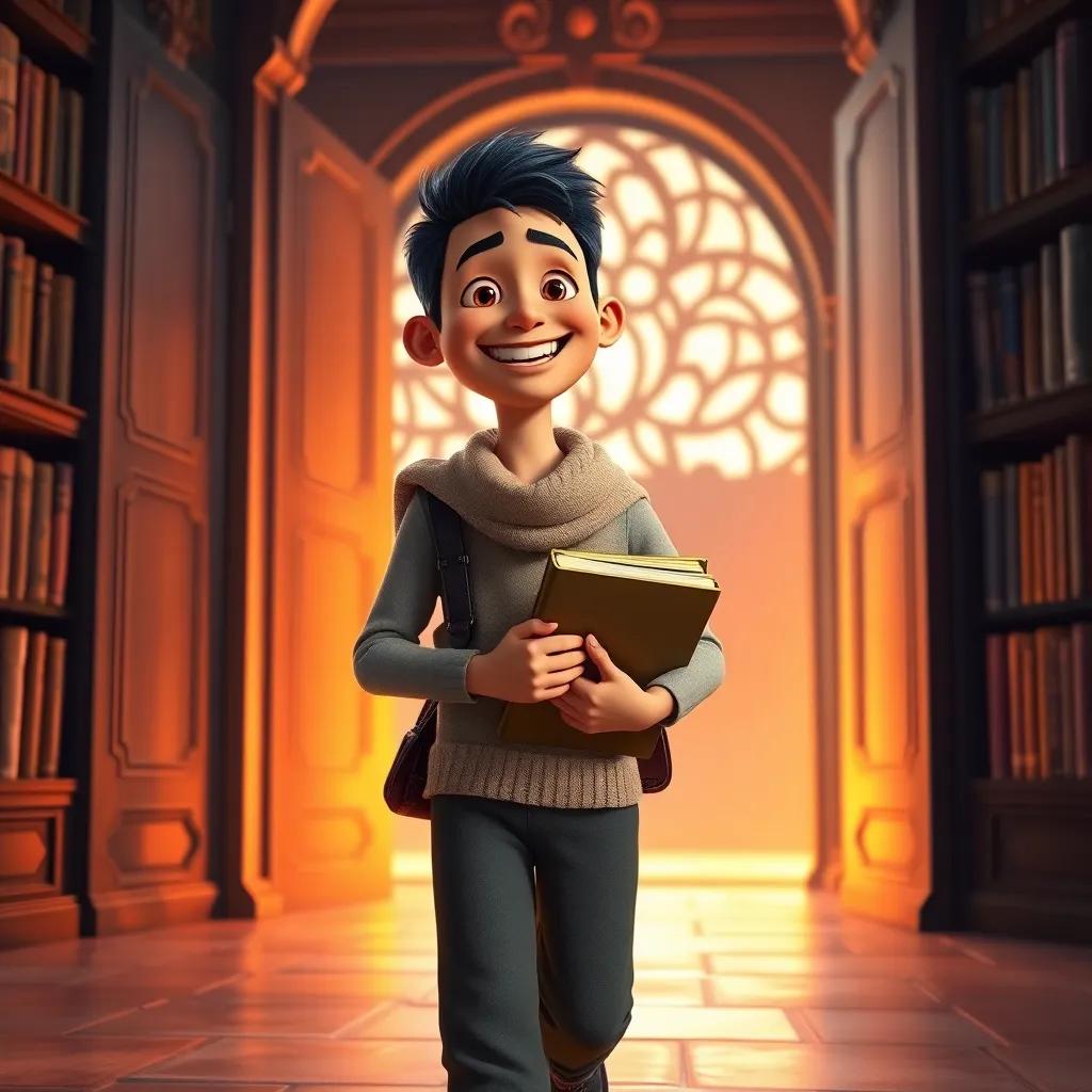 Sami walking out of the magical library with a big smile, carrying a book under his arm, and the library shimmering behind him, beautiful scene, sunset light, warm colors, high quality