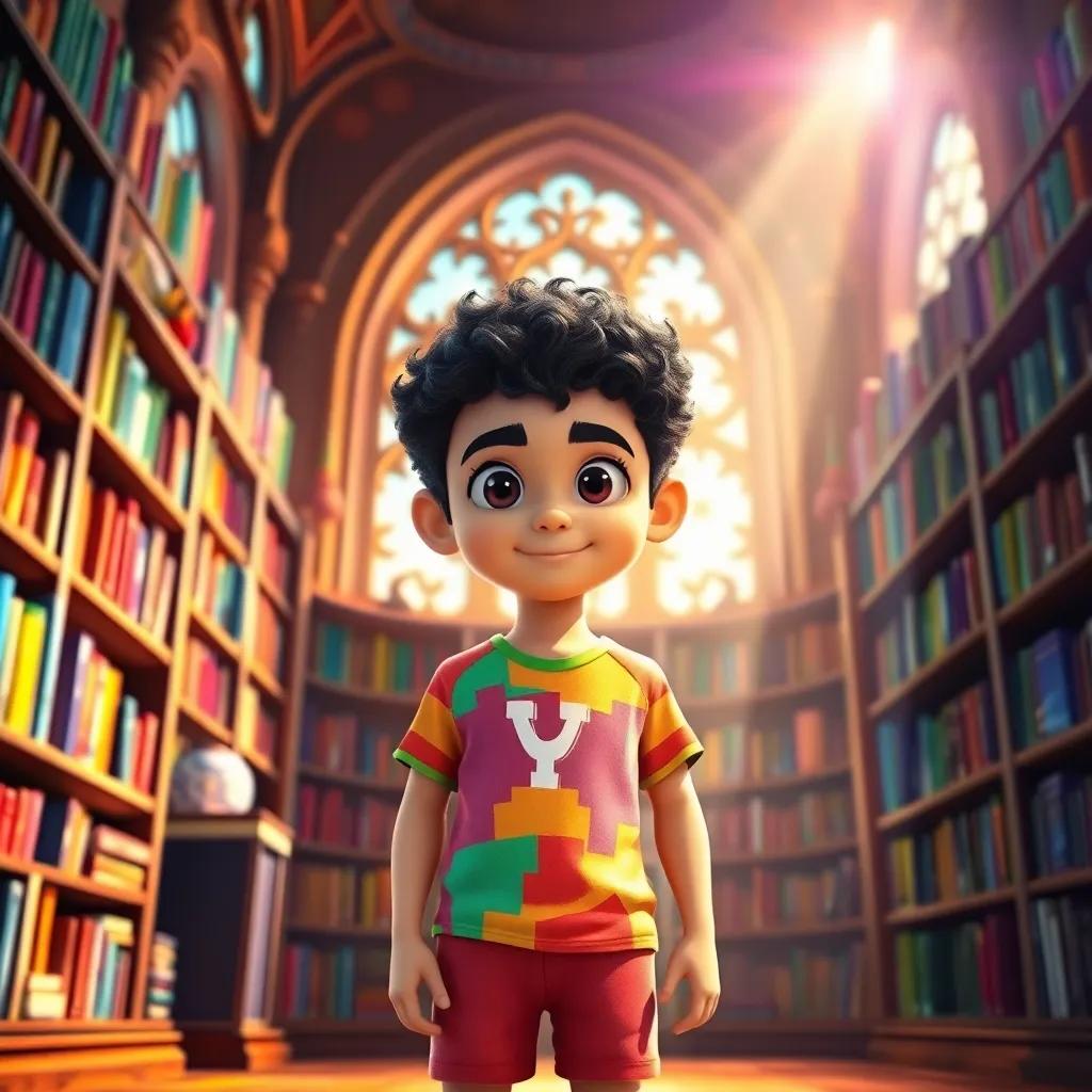 A young Arabic boy, Sami, with short curly hair, wearing a colorful t-shirt and shorts, standing in front of a magical library with colorful books, bright sunlight shining, vibrant colors, whimsical atmosphere, detailed digital art, high quality