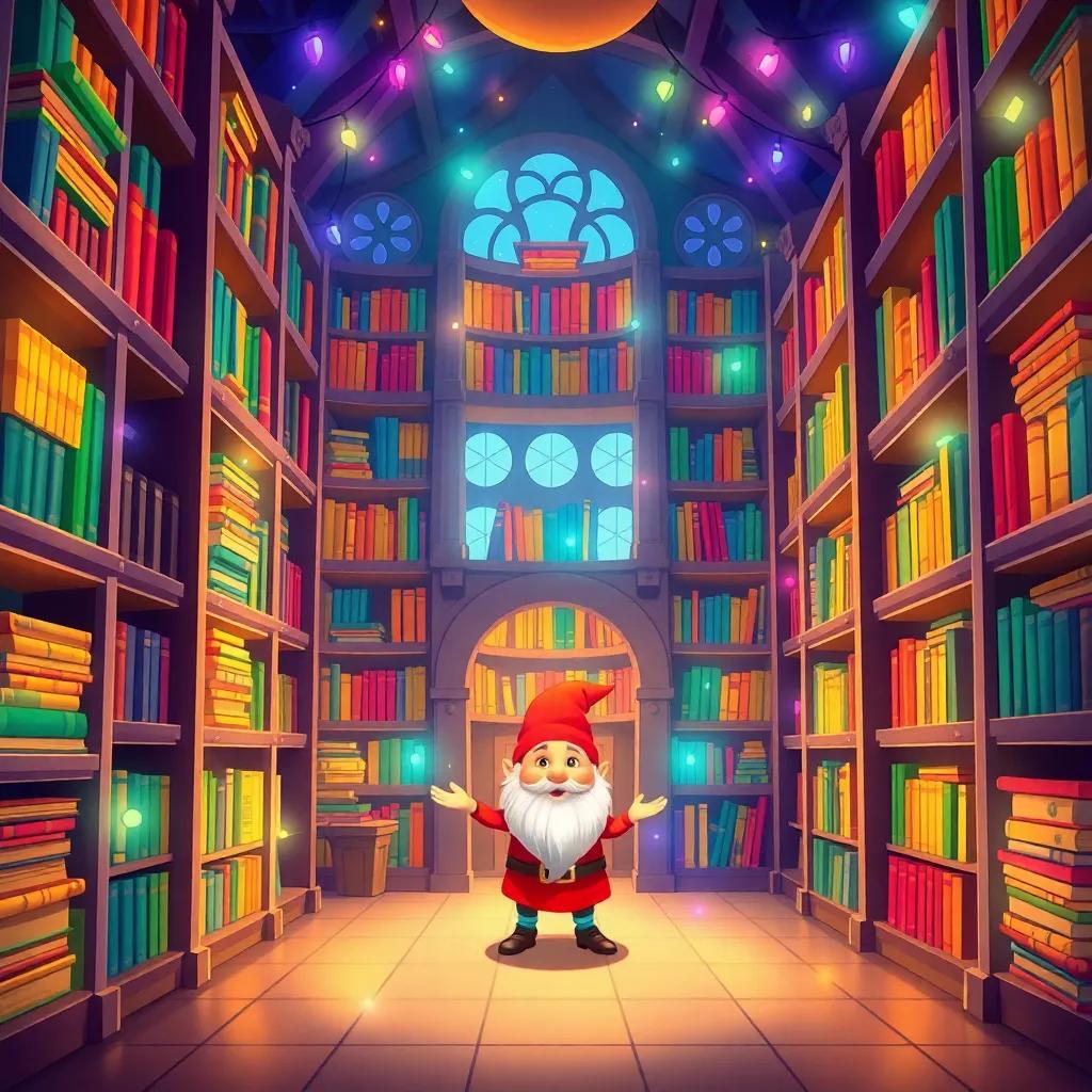 A magical library with tall shelves filled with glowing books, colorful lights sparkling, and a small dancing gnome welcoming Sami, whimsical style, bright colors, inviting atmosphere, illustration, enchanting